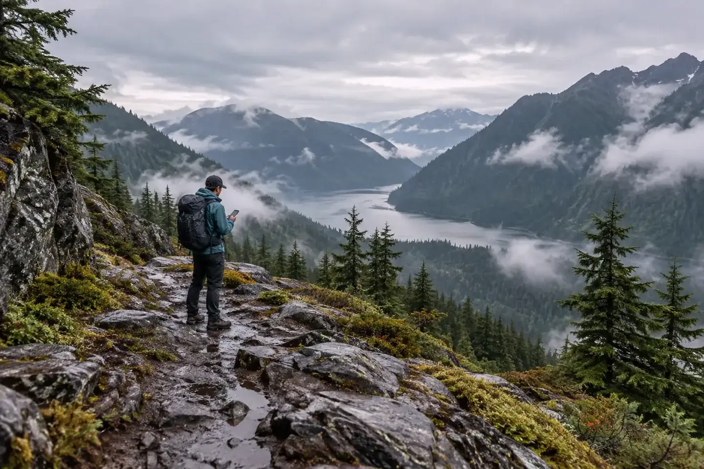Snow Forecast and Warnings: What to Check Before You Travel Tire tracks winding along a snow-covered mountain road through snow-laden pines, with jagged peaks and low fog at sunrise